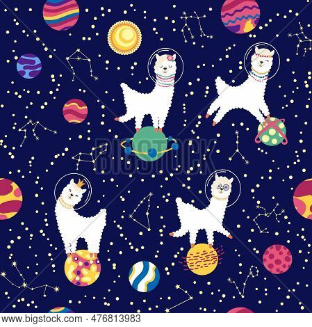 Seamless Pattern With Lama In A Rocket, In Space. Lama Travels, Adventures Among The Stars. Cute Pat