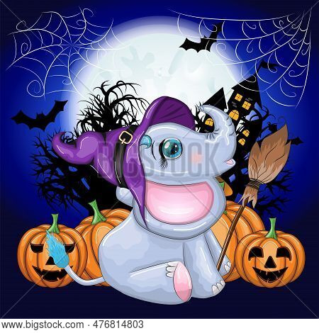 Cute Cartoon Elephant, Childish Character In Wizard Hat With Pumpkin, Potion Or Broom. Halloween Pos