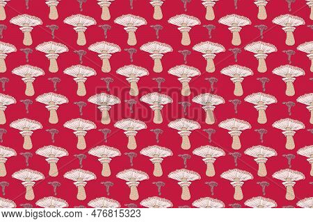 Seamless Pattern Of Mushrooms. Hand Drawing Illustration In Cartoon Style Isolated On White.