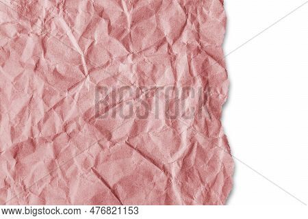 Recycled Crumpled Red Paper Texture With A Torn Edge Isolated On White Background. Wrinkled And Crea