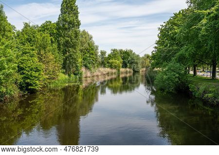 Scenic View Over Nature Relfections In The River Durme Around Lokeren, Flanders, Belgium