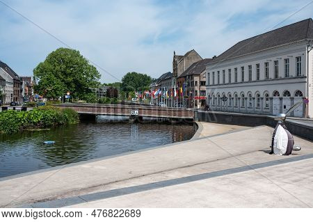 Lokeren, East Flemish Region, Belgium - May 18, 2023 - Banks Of The River Durme With The City Museum