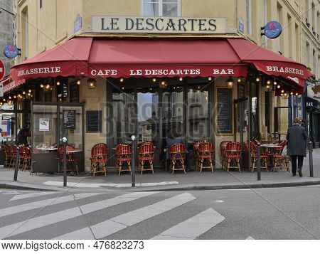 Paris, France - March 17, 2023: Outdoot Cafe Terrace In The Latin Quarter In Paris, France.