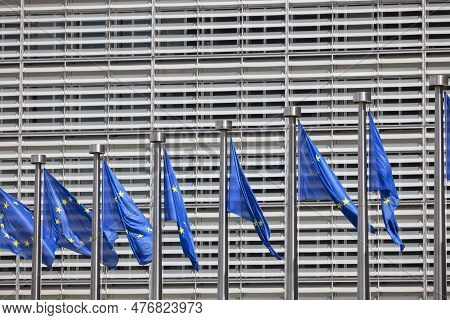 Brussels, Belgium - May 18, 2023: Blue Flags Of Europe In Front Of Berlaymont, Seat Of The European 