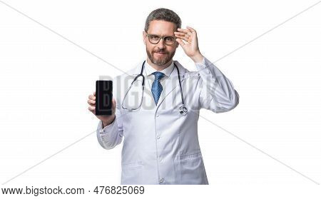Smiling Medical Man Show Telehealth On Background. Photo Of Medical Man Show Telehealth