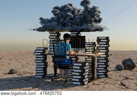 Man Sitting At Pc Office Workplace In Desert Environment With Huge Stacks Of Binders And Cloud Over 