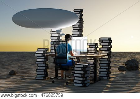 Man Sitting At Pc Office Workplace In Desert Environment With Huge Stacks Of Binders And Cloud Over 
