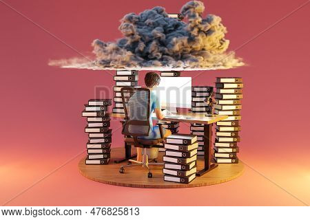 Man Sitting At Pc Office Workplace On Infinite Background With Stacks Of Document Binders And Cloud 