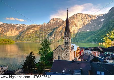 Hallstatt, Austria - May 3, 2013: Church In Hallstatt, Austria. Hallstatt Is Historical Village Loca