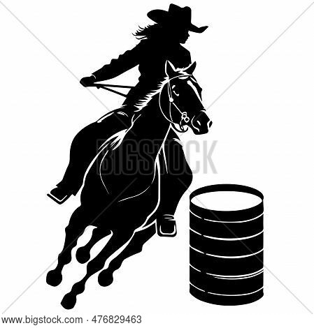 Barrel Racing Design With Female Horse And Rider Silhouette Image Black And White