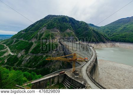 Dam Of Enguri Hydroelectric Power Plant In Georgia, Aerial View.