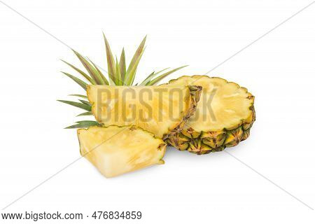 Whole Pineapple And Pineapple Slice. Pineapple With Leaves Isolated On Transparent Background With C