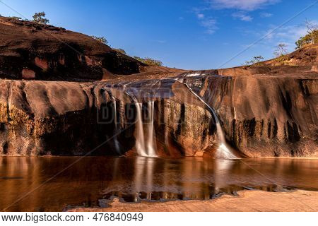 Tham Phra Waterfall Waterfall Located In Bueng Kan Province, Thailand. There Will Be Little Water In