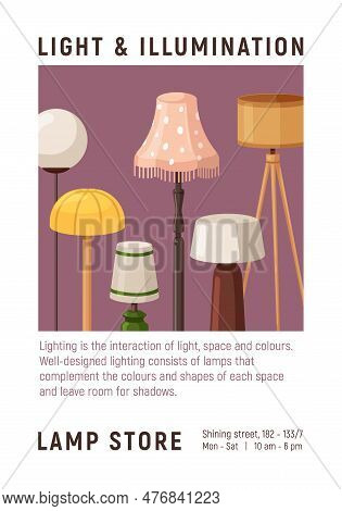 Floor Lamps, Home Light And Illumination, Advertising Flyer Card For Store, Shop. Electric Lampshade