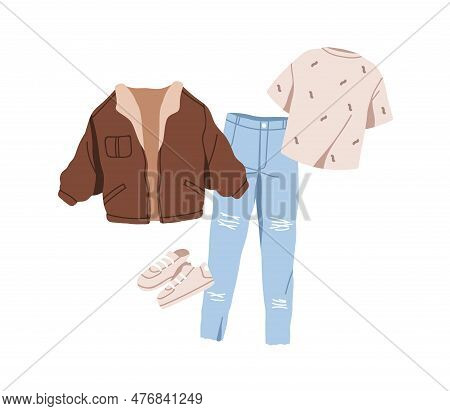 Casual Clothes, Outfit Set. Women Apparel, Jeans, Trainers, T-shirt And Wind Jacket. Sneakers, Tshir