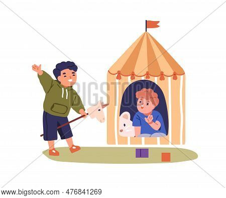 Kindergarten Kids Playing At Nursery Playroom. Little Children, Toddlers During Game At Playschool. 