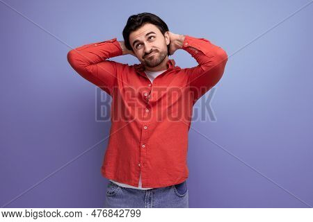 Attractive Brutal Dark-haired 30s Man In A Red Shirt