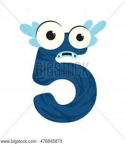 Cute Monster Number 5 Concept. Blue Mutant In Five Shape. Mathematics And Algebra. Design Element Fo