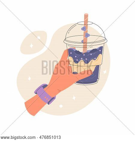 Hands Hold Bubble Tea Shakes. Milkshake, Asian Smoothie And Mocha In Glasses. Drink Party, Sweet Bev