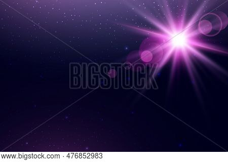 Pink Lens Flare On The Background Of The Space Sky With Stars. Galaxy, Universe With Copy Space For 