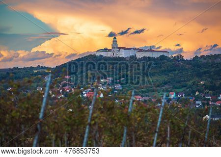Pannonhalma Archabbey With Vine Grapes In The Vineyard. Beautiful Vineyard Landscape With Cloudy Sky