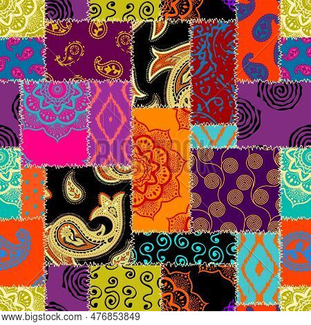 Textille Patchwork Pattern. Seamless Vector Image. Bright Tribal Patchwork.