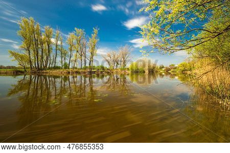 Raba Backwater In Spring, Gyirmot, Gyor, Hungary. Long Exposure Shot.