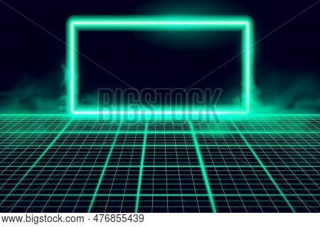 Wireframe Perspective Grid With Glowing Neon Frame. Abstract Retro Background. Vector Illustration