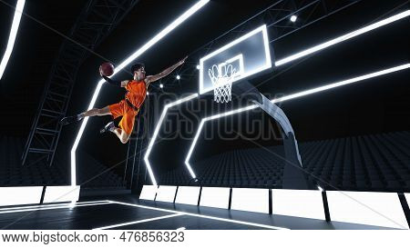 Dynamic Image Of Young Male Sportsman, Man In Uniform Jumping With Ball Near Backet At 3d Basketball