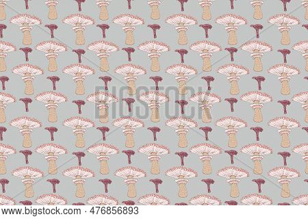 Seamless Pattern Of Mushrooms. Hand Drawing Illustration In Cartoon Style Isolated On White.