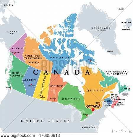 Canada, Administrative Divisions, Colored Political Map. Ten Provinces And Three Territories Of Cana