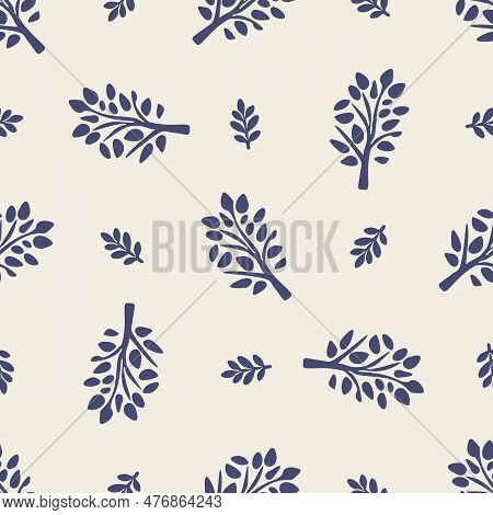 Quirky Forest Tree Blue Motif Vector Pattern. Seamless Decoration Of Whimsical Woodland Botanical De