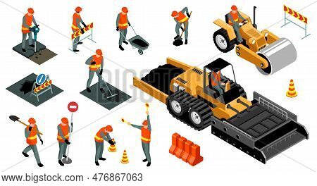 Isometric Road Repair Set With Isolated Icons Of Traffic Signs Machinery Characters Of Repairmen In 