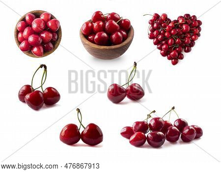 Cherryberries Isolated On White. Set Of Cherry Fruits. Cherryberries In Different Angles. Sweet Cher