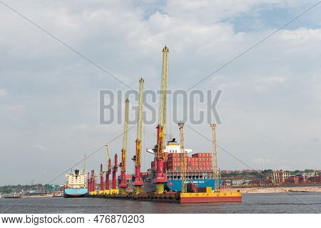 Manaus, Brazil - December 04, 2015: Maersk Bartolomeu Dias Cargo Ship In Port With Cranes