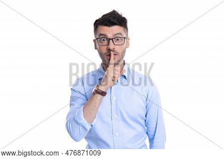 Silent Man Keep Secret With Hush Wear Eyeglasses. Photo Of Silent Man Keep Secret With Hush.