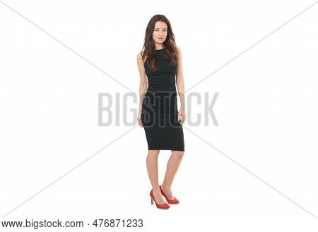 Sexy Fashion Model. Formal Woman Outfit. Glamour Office Style. Elegant Woman Black Dress Isolated On