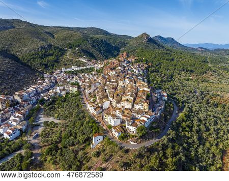 Aerial Panoramic View Of Vilafames In Castellon Listed As Beautiful Towns Of Spain. Front View With 