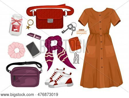 Trendy Clothes Set With Isolated Icons Of Female Dress With Boots Scarf Waist Bag And Accessories Ve