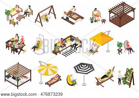 Garden Furniture Isometric Set With Isolated Compositions Of People Chilling On Soft Furniture With 
