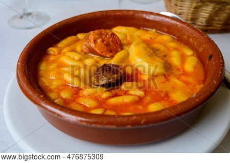 Fabada Asturiana, Asturian bean stew, Spain, Hot And Heavy Dish Served With Asturian cider or A red