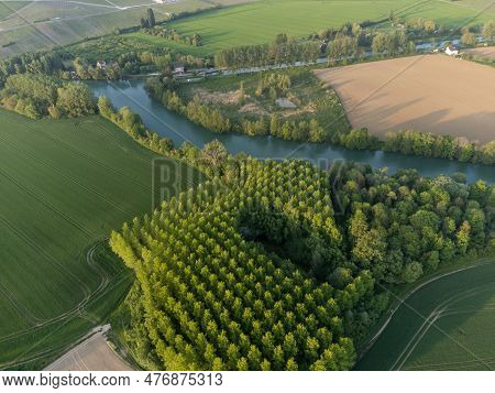 Panoramic Aerial View On Green Premier Cru Champagne Vineyards And Fields Near Village Hautvillers A