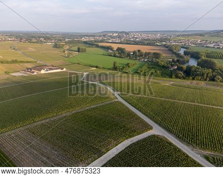 Panoramic Aerial View On Green Premier Cru Champagne Vineyards And Fields Near Village Hautvillers A