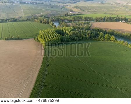 Panoramic Aerial View On Green Premier Cru Champagne Vineyards And Fields Near Village Hautvillers A
