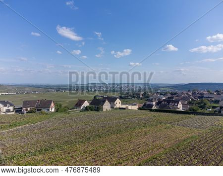 Panoramic Aerial View On Green Premier Cru Champagne Vineyards And Fields Near Village Hautvillers A