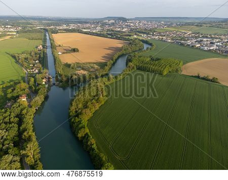 Panoramic Aerial View On Green Premier Cru Champagne Vineyards And Fields Near Village Hautvillers A