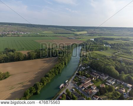 Panoramic Aerial View On Green Premier Cru Champagne Vineyards And Fields Near Village Hautvillers A