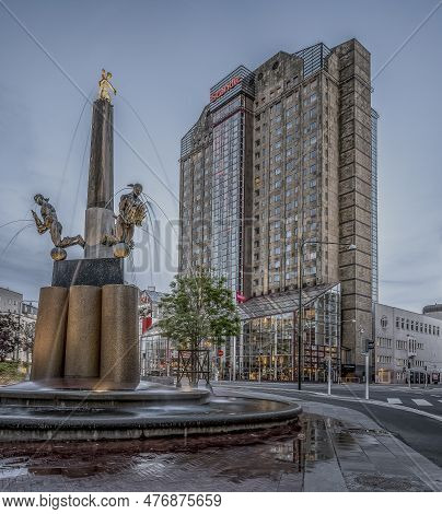 Triangeln In Malmö City With A Fountain And Scandic Hotel At Twilight Hour, Malmö, Sweden, May 22, 2