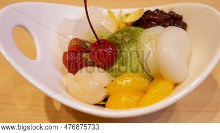 Shiratama Anmitsu Is A Classic Japanese Sweet Dumplings Served With Matcha Ice Cream, Assorted Fruit