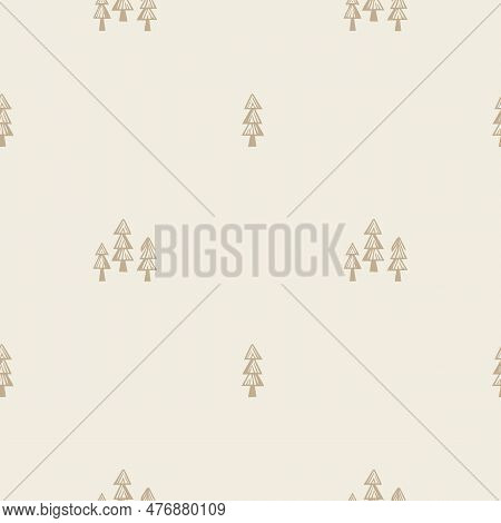 Scandi Woodland Tree Lino Cut Icon Seamless Vector Pattern. Whimsical Forest Hand Drawn Graphic Back